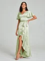 A-line/Princess V-neck Asymmetrical Short Sleeves Silk Like Satin Bridesmaid Dress