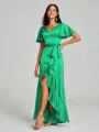 A-line/Princess V-neck Asymmetrical Short Sleeves Silk Like Satin Bridesmaid Dress