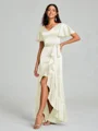 A-line/Princess V-neck Asymmetrical Short Sleeves Silk Like Satin Bridesmaid Dress