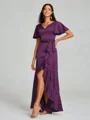 A-line/Princess V-neck Asymmetrical Short Sleeves Silk Like Satin Bridesmaid Dress