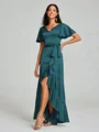 A-line/Princess V-neck Asymmetrical Short Sleeves Silk Like Satin Bridesmaid Dress