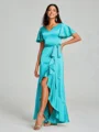 A-line/Princess V-neck Asymmetrical Short Sleeves Silk Like Satin Bridesmaid Dress