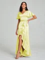 A-line/Princess V-neck Asymmetrical Short Sleeves Silk Like Satin Bridesmaid Dress