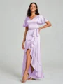 A-line/Princess V-neck Asymmetrical Short Sleeves Silk Like Satin Bridesmaid Dress