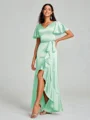 A-line/Princess V-neck Asymmetrical Short Sleeves Silk Like Satin Bridesmaid Dress