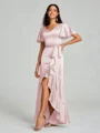A-line/Princess V-neck Asymmetrical Short Sleeves Silk Like Satin Bridesmaid Dress