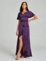 A-line/Princess V-neck Asymmetrical Short Sleeves Silk Like Satin Bridesmaid Dress