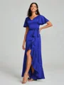 A-line/Princess V-neck Asymmetrical Short Sleeves Silk Like Satin Bridesmaid Dress