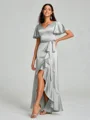 A-line/Princess V-neck Asymmetrical Short Sleeves Silk Like Satin Bridesmaid Dress