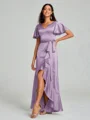 A-line/Princess V-neck Asymmetrical Short Sleeves Silk Like Satin Bridesmaid Dress