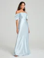 Sheath/Column Off-the-Shoulder Floor-Length Short Sleeves Silk Like Satin Bridesmaid Dress