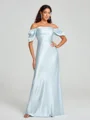 Sheath/Column Off-the-Shoulder Floor-Length Short Sleeves Silk Like Satin Bridesmaid Dress