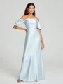Sheath/Column Off-the-Shoulder Floor-Length Short Sleeves Silk Like Satin Bridesmaid Dress