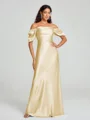 Sheath/Column Off-the-Shoulder Floor-Length Short Sleeves Silk Like Satin Bridesmaid Dress