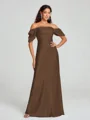 Sheath/Column Off-the-Shoulder Floor-Length Short Sleeves Silk Like Satin Bridesmaid Dress