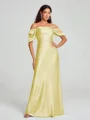 Sheath/Column Off-the-Shoulder Floor-Length Short Sleeves Silk Like Satin Bridesmaid Dress
