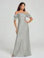 Sheath/Column Off-the-Shoulder Floor-Length Short Sleeves Silk Like Satin Bridesmaid Dress