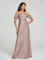 Sheath/Column Off-the-Shoulder Floor-Length Short Sleeves Silk Like Satin Bridesmaid Dress