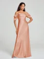 Sheath/Column Off-the-Shoulder Floor-Length Short Sleeves Silk Like Satin Bridesmaid Dress