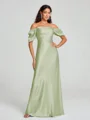 Sheath/Column Off-the-Shoulder Floor-Length Short Sleeves Silk Like Satin Bridesmaid Dress