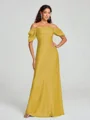 Sheath/Column Off-the-Shoulder Floor-Length Short Sleeves Silk Like Satin Bridesmaid Dress