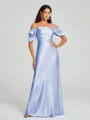 Sheath/Column Off-the-Shoulder Floor-Length Short Sleeves Silk Like Satin Bridesmaid Dress