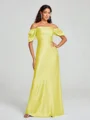 Sheath/Column Off-the-Shoulder Floor-Length Short Sleeves Silk Like Satin Bridesmaid Dress