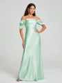 Sheath/Column Off-the-Shoulder Floor-Length Short Sleeves Silk Like Satin Bridesmaid Dress