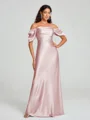 Sheath/Column Off-the-Shoulder Floor-Length Short Sleeves Silk Like Satin Bridesmaid Dress
