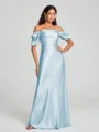 Sheath/Column Off-the-Shoulder Floor-Length Short Sleeves Silk Like Satin Bridesmaid Dress