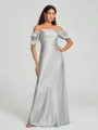 Sheath/Column Off-the-Shoulder Floor-Length Short Sleeves Silk Like Satin Bridesmaid Dress