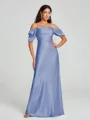 Sheath/Column Off-the-Shoulder Floor-Length Short Sleeves Silk Like Satin Bridesmaid Dress