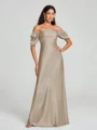 Sheath/Column Off-the-Shoulder Floor-Length Short Sleeves Silk Like Satin Bridesmaid Dress