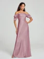 Sheath/Column Off-the-Shoulder Floor-Length Short Sleeves Silk Like Satin Bridesmaid Dress
