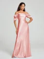 Sheath/Column Off-the-Shoulder Floor-Length Short Sleeves Silk Like Satin Bridesmaid Dress