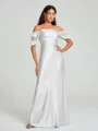 Sheath/Column Off-the-Shoulder Floor-Length Short Sleeves Silk Like Satin Bridesmaid Dress