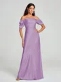 Sheath/Column Off-the-Shoulder Floor-Length Short Sleeves Silk Like Satin Bridesmaid Dress