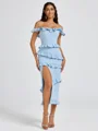 Sheath Off-the-Shoulder Ruffles Tea-Length Stretch Crepe Bridesmaid Dress