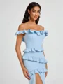 Sheath Off-the-Shoulder Ruffles Tea-Length Stretch Crepe Bridesmaid Dress