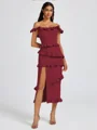 Sheath Off-the-Shoulder Ruffles Tea-Length Stretch Crepe Bridesmaid Dress
