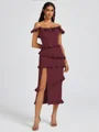 Sheath Off-the-Shoulder Ruffles Tea-Length Stretch Crepe Bridesmaid Dress