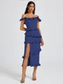 Sheath Off-the-Shoulder Ruffles Tea-Length Stretch Crepe Bridesmaid Dress