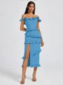 Sheath Off-the-Shoulder Ruffles Tea-Length Stretch Crepe Bridesmaid Dress