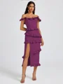Sheath Off-the-Shoulder Ruffles Tea-Length Stretch Crepe Bridesmaid Dress