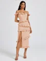 Sheath Off-the-Shoulder Ruffles Tea-Length Stretch Crepe Bridesmaid Dress