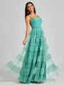 A-line Spaghetti Straps Pleated Floor-Length Tulle Bridesmaid Dress