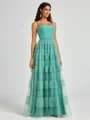 A-line Spaghetti Straps Pleated Floor-Length Tulle Bridesmaid Dress