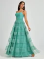 A-line Spaghetti Straps Pleated Floor-Length Tulle Bridesmaid Dress