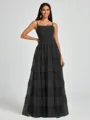 A-line Spaghetti Straps Pleated Floor-Length Tulle Bridesmaid Dress
