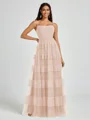 A-line Spaghetti Straps Pleated Floor-Length Tulle Bridesmaid Dress